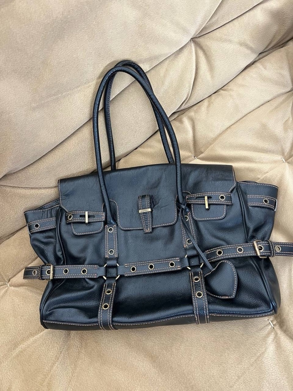 Black Leather Tote Bag with Belt Accents